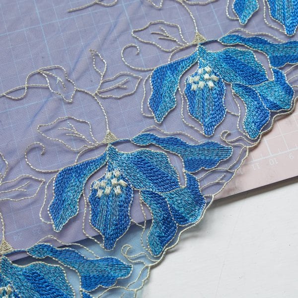 1 YD Blue Iris Embroidered Tulle Lace