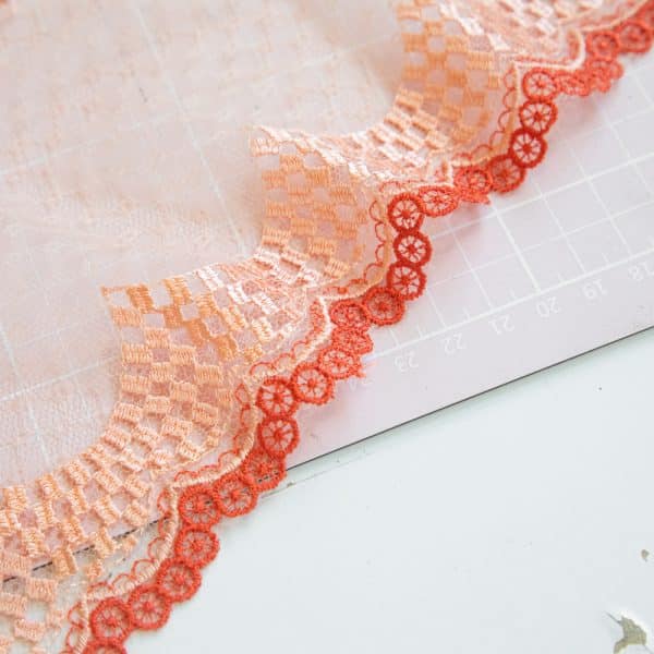 1 YD Coral + Peach Check Embroidered Tulle Lace