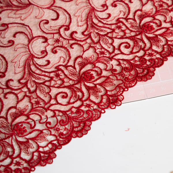 1 YD Regal Red Embroidered Tulle Lace